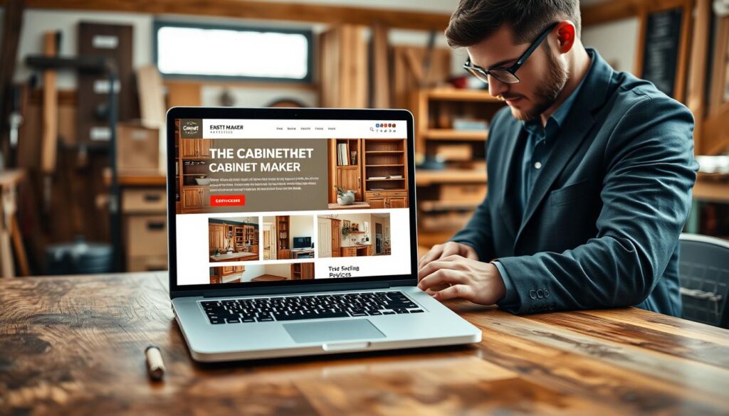 A beautifully designed cabinet maker website interface displayed on a sleek laptop resting on a rustic wooden desk. In the foreground, a skilled cabinet maker, dressed in a smart business casual outfit, is attentively reviewing the website layout. The middle ground features the laptop screen showcasing a vibrant, modern website design filled with high-quality images of cabinetry, elegant typography, and organized content sections highlighting services. The background includes a well-lit workshop with polished wood surfaces and tools arranged neatly, evoking a professional atmosphere. Soft, natural lighting enhances the warm tones of the wood, while a shallow depth of field focuses on the website design, creating an inviting and insightful mood. A beautifully designed cabinet maker website interface displayed on a sleek laptop resting on a rustic wooden desk. In the foreground, a skilled cabinet maker, dressed in a smart business casual outfit, is attentively reviewing the website layout. The middle ground features the laptop screen showcasing a vibrant, modern website design filled with high-quality images of cabinetry, elegant typography, and organized content sections highlighting services. The background includes a well-lit workshop with polished wood surfaces and tools arranged neatly, evoking a professional atmosphere. Soft, natural lighting enhances the warm tones of the wood, while a shallow depth of field focuses on the website design, creating an inviting and insightful mood.