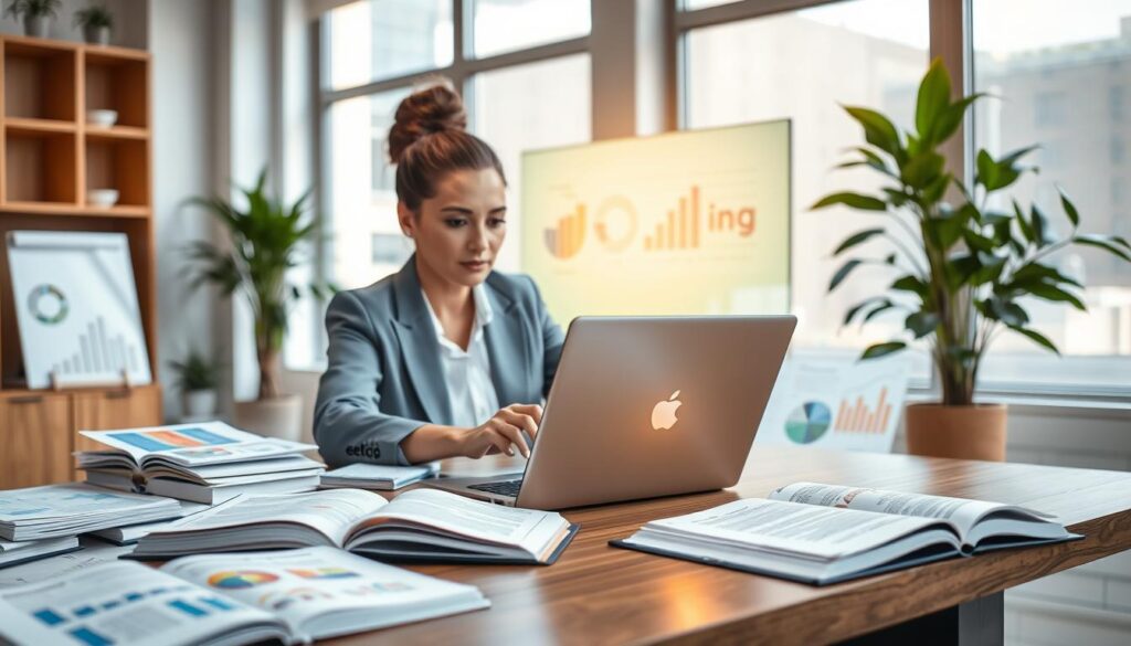A bright, modern office environment, with a sleek wooden desk in the foreground cluttered with open books and a laptop displaying vibrant graphs and charts. A light-skinned female consultant wearing professional business attire is seated, actively engaging with an AI-enabled application that highlights text improving readability. In the middle ground, a digital display screen softly glows, showcasing tools that enhance written content. The background features large windows with soft, natural light pouring in, plants adding a touch of green. The overall atmosphere is productive and innovative, emphasizing the synergy between AI and readability, portrayed through warm lighting and a slightly elevated angle to capture both the consultant and the technology in action. A bright, modern office environment, with a sleek wooden desk in the foreground cluttered with open books and a laptop displaying vibrant graphs and charts. A light-skinned female consultant wearing professional business attire is seated, actively engaging with an AI-enabled application that highlights text improving readability. In the middle ground, a digital display screen softly glows, showcasing tools that enhance written content. The background features large windows with soft, natural light pouring in, plants adding a touch of green. The overall atmosphere is productive and innovative, emphasizing the synergy between AI and readability, portrayed through warm lighting and a slightly elevated angle to capture both the consultant and the technology in action.