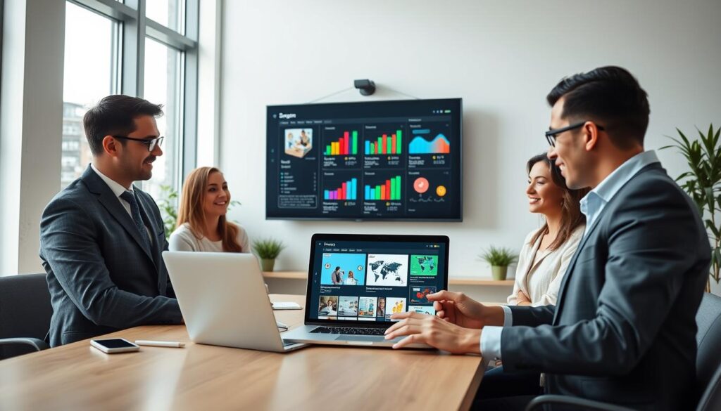 A bright, modern office setting emphasizing a website redesign focus. In the foreground, a diverse group of three professionals in smart casual attire, engaged in an animated discussion, examining a laptop screen showcasing a mobile-responsive website layout. The middle layer features a large wall-mounted screen displaying design mockups with colorful graphs and responsive design elements. In the background, large windows allow natural light to pour in, creating a fresh and inviting atmosphere. The scene conveys a collaborative and innovative mood, with soft, diffused lighting that highlights the vitality of teamwork and forward-thinking. The image avoids any text or branding, emphasizing the importance of mobile responsiveness in website design. A bright, modern office setting emphasizing a website redesign focus. In the foreground, a diverse group of three professionals in smart casual attire, engaged in an animated discussion, examining a laptop screen showcasing a mobile-responsive website layout. The middle layer features a large wall-mounted screen displaying design mockups with colorful graphs and responsive design elements. In the background, large windows allow natural light to pour in, creating a fresh and inviting atmosphere. The scene conveys a collaborative and innovative mood, with soft, diffused lighting that highlights the vitality of teamwork and forward-thinking. The image avoids any text or branding, emphasizing the importance of mobile responsiveness in website design.