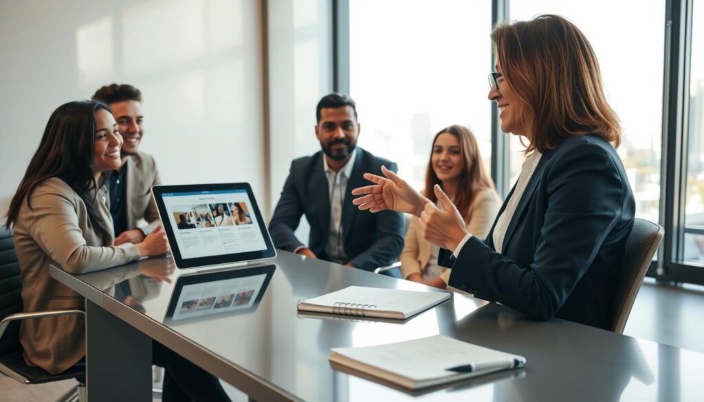 A business coach sitting at a sleek, modern desk in a well-lit office, engaged in a lively consultation with a small group of diverse clients. The coach, a middle-aged woman in professional attire, is gesturing animatedly while pointing at a digital tablet displaying marketing strategies. In the foreground, a notepad with handwritten notes and a pen lies on the desk. The clients, a mix of young professionals, are attentively listening, showcasing expressions of interest and enthusiasm. The background features a large window with natural light streaming in, revealing a cityscape. The mood is collaborative and inspiring, with a warm color palette enhancing the inviting atmosphere.
