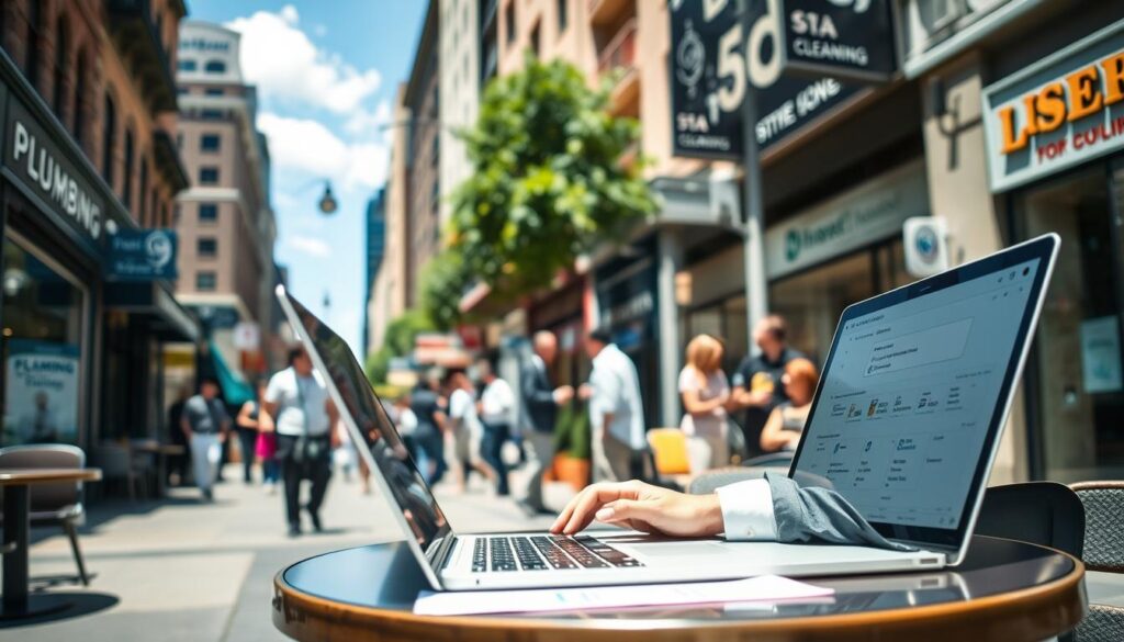 A bustling city street scene focused on a laptop at a café table in the foreground, where a business professional, dressed in smart casual attire, is reviewing local search data on the screen. In the middle ground, various local business signs can be seen, showcasing a diverse range of services like plumbing, cleaning, and restaurants, all recognizable through unique branding. In the background, a clear blue sky enhances the cheerful daytime atmosphere, and a group of people can be seen engaging in discussions, indicating a vibrant community. The lighting is bright and natural, creating an inviting environment that symbolizes growth and improvement in local visibility. The composition is captured with a slightly elevated angle, emphasizing the action of engagement with online citations and local search optimization strategies. A bustling city street scene focused on a laptop at a café table in the foreground, where a business professional, dressed in smart casual attire, is reviewing local search data on the screen. In the middle ground, various local business signs can be seen, showcasing a diverse range of services like plumbing, cleaning, and restaurants, all recognizable through unique branding. In the background, a clear blue sky enhances the cheerful daytime atmosphere, and a group of people can be seen engaging in discussions, indicating a vibrant community. The lighting is bright and natural, creating an inviting environment that symbolizes growth and improvement in local visibility. The composition is captured with a slightly elevated angle, emphasizing the action of engagement with online citations and local search optimization strategies.