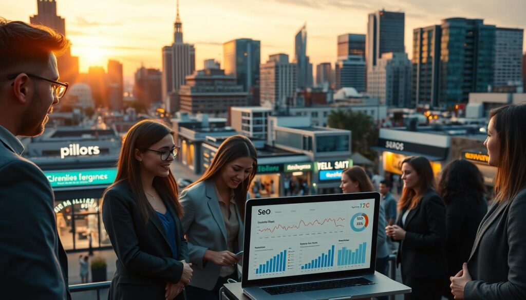 A bustling cityscape at dusk, featuring iconic local landmarks. In the foreground, a diverse group of professionals in business attire is engaged in a dynamic discussion around a laptop displaying website analytics and SEO data charts. The middle features local businesses with well-designed storefronts, emphasizing a vibrant community atmosphere. In the background, a city skyline shows modern office buildings, subtly lit against the twilight sky. Soft, warm lighting enhances the collaborative mood, while lens flares add a touch of creativity. The scene conveys an energetic, focused environment, illustrating the importance of city-specific SEO services and strategy tailored to the local market.