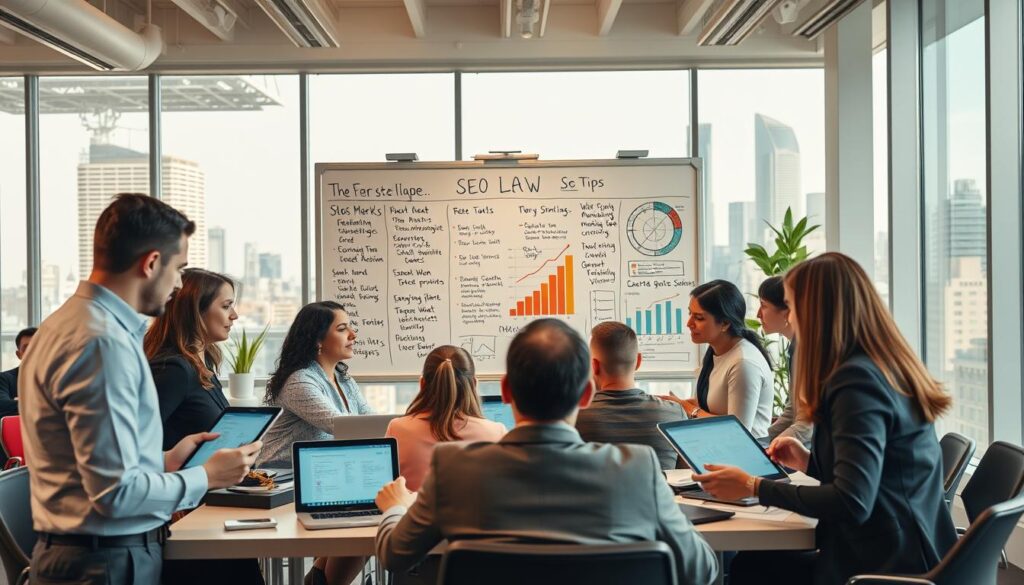 A bustling law office setting focusing on SEO strategies. In the foreground, a diverse group of professionals in business attire collaboratively brainstorming over digital devices like tablets and laptops displaying website analytics and marketing strategies. In the middle, a large whiteboard filled with keywords, SEO tips, and charts illustrating digital growth and market visibility. In the background, a modern office with city skyline views through large windows, showcasing a blend of professionalism and innovation. Soft, natural lighting enhances the atmosphere, creating a vibrant, engaging mood. The scene captures a sense of teamwork and forward-thinking in advanced lawyer marketing strategies, emphasizing a tech-savvy approach to local SEO.
