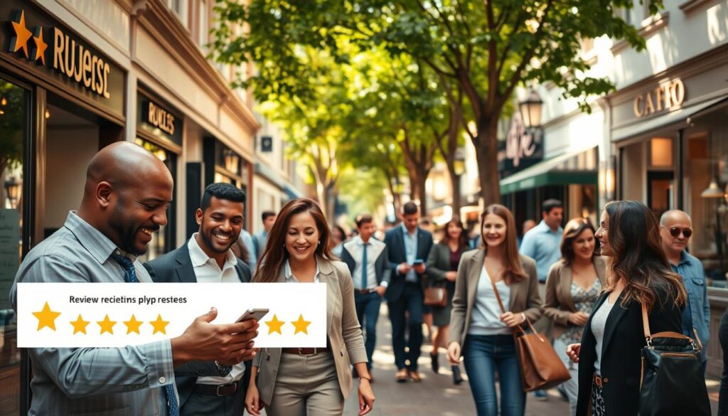 A bustling local business street scene showcasing the importance of online reviews. In the foreground, a diverse group of professionally dressed people, including a business owner enthusiastically checking a mobile device for customer feedback and a customer giving a thumbs up. In the middle, there are storefronts with visible review ratings highlighted in gold stars. A friendly atmosphere is created by warm daylight filtering through trees lining the street. The background features a cozy café and a boutique, with people walking and interacting, representing community engagement. The composition captures a vibrant and hopeful mood, emphasizing the connection between local businesses and their online reputations. Use a wide-angle lens effect to enhance the depth of the scene. A bustling local business street scene showcasing the importance of online reviews. In the foreground, a diverse group of professionally dressed people, including a business owner enthusiastically checking a mobile device for customer feedback and a customer giving a thumbs up. In the middle, there are storefronts with visible review ratings highlighted in gold stars. A friendly atmosphere is created by warm daylight filtering through trees lining the street. The background features a cozy café and a boutique, with people walking and interacting, representing community engagement. The composition captures a vibrant and hopeful mood, emphasizing the connection between local businesses and their online reputations. Use a wide-angle lens effect to enhance the depth of the scene.
