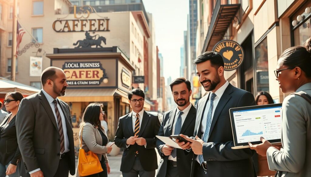 A bustling urban street scene showcasing a local business optimization theme. In the foreground, a diverse group of professionals in smart business attire discussing strategies, with one person using a laptop displaying a local search ranking dashboard. The middle ground features a quaint local shop, adorned with eye-catching signage and decor that reflects geographic keywords, like a coffee shop with regional specialties. The background showcases a vibrant cityscape with recognizable landmarks. The entire scene is bright and well-lit, simulating a sunny afternoon ambiance, with soft shadows and a slight lens flare, enhancing an optimistic atmosphere focused on growth and community engagement. A bustling urban street scene showcasing a local business optimization theme. In the foreground, a diverse group of professionals in smart business attire discussing strategies, with one person using a laptop displaying a local search ranking dashboard. The middle ground features a quaint local shop, adorned with eye-catching signage and decor that reflects geographic keywords, like a coffee shop with regional specialties. The background showcases a vibrant cityscape with recognizable landmarks. The entire scene is bright and well-lit, simulating a sunny afternoon ambiance, with soft shadows and a slight lens flare, enhancing an optimistic atmosphere focused on growth and community engagement.