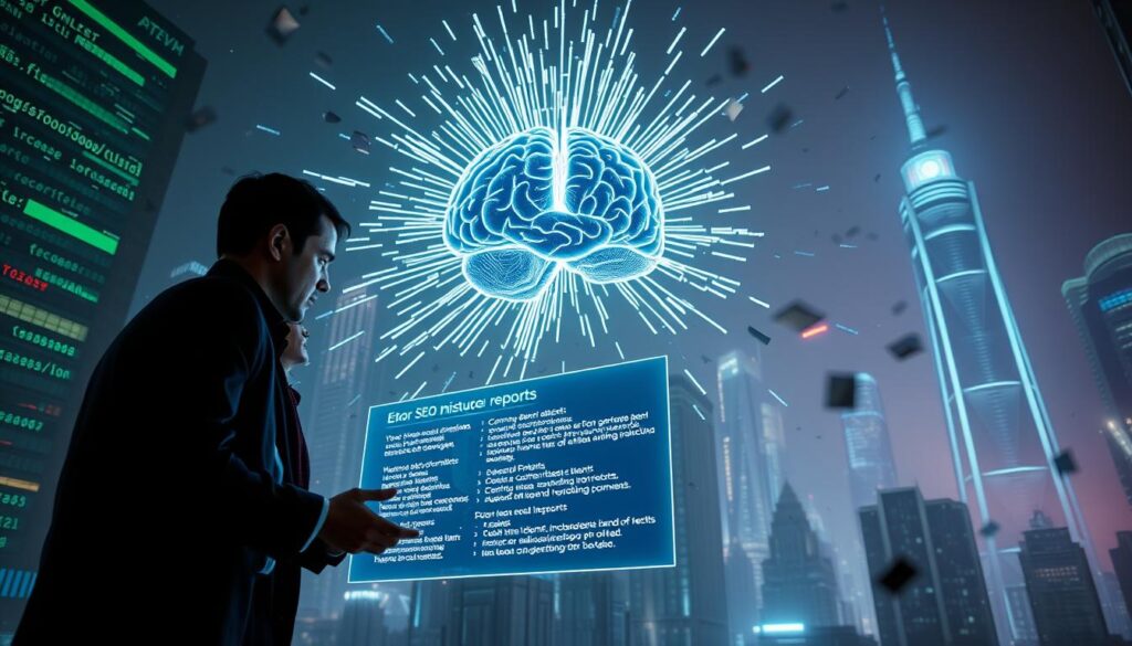A chaotic digital landscape representing artificial intelligence content errors, featuring a central 3D rendering of a malfunctioning AI brain emitting glitching data streams, surrounded by floating binary code. In the foreground, a pair of professional individuals, one male and one female, dressed in business attire, analyze a holographic error report that details SEO mistakes. In the middle ground, broken algorithms and distorted text elements form a visual representation of common errors made by AI in content creation. The background showcases a futuristic cityscape with neon lights, enhancing the technology theme. Soft, dramatic lighting casts shadows that convey a sense of urgency and importance, with a slight fog atmosphere suggesting complexity and confusion. The angle is a dynamic low shot, emphasizing the significance of the issues addressed. A chaotic digital landscape representing artificial intelligence content errors, featuring a central 3D rendering of a malfunctioning AI brain emitting glitching data streams, surrounded by floating binary code. In the foreground, a pair of professional individuals, one male and one female, dressed in business attire, analyze a holographic error report that details SEO mistakes. In the middle ground, broken algorithms and distorted text elements form a visual representation of common errors made by AI in content creation. The background showcases a futuristic cityscape with neon lights, enhancing the technology theme. Soft, dramatic lighting casts shadows that convey a sense of urgency and importance, with a slight fog atmosphere suggesting complexity and confusion. The angle is a dynamic low shot, emphasizing the significance of the issues addressed.
