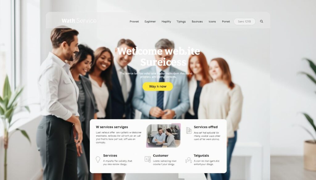 A clean and modern service business homepage layout, showcasing a professional design typical of a successful service company. In the foreground, feature a large hero section with a welcoming image of a diverse team in business attire collaborating over a project. In the middle, display sections for services offered, customer testimonials, and a prominent call-to-action button. The layout should include spaces for engaging visuals, icons, and minimalist navigation elements. The background should have soft, neutral colors, creating a serene and inviting atmosphere. Utilize natural lighting to enhance the welcoming feel, and angle the view from a slight aerial perspective to capture the full layout. The overall mood should be conducive to professionalism, trust, and an emphasis on user-friendliness. A clean and modern service business homepage layout, showcasing a professional design typical of a successful service company. In the foreground, feature a large hero section with a welcoming image of a diverse team in business attire collaborating over a project. In the middle, display sections for services offered, customer testimonials, and a prominent call-to-action button. The layout should include spaces for engaging visuals, icons, and minimalist navigation elements. The background should have soft, neutral colors, creating a serene and inviting atmosphere. Utilize natural lighting to enhance the welcoming feel, and angle the view from a slight aerial perspective to capture the full layout. The overall mood should be conducive to professionalism, trust, and an emphasis on user-friendliness.