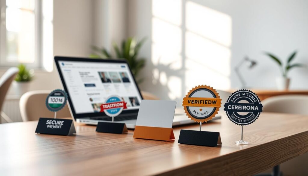 A clean and professional workspace with a contemporary feel, featuring a sleek wooden desk in the foreground. On the desk, various credibility logos such as "Secure Payment", "Verified Review", and "Trustworthy Site" are prominently displayed on stylish card stands, each logo vibrant and visually appealing. The middle ground includes a laptop open to a website displaying user testimonials and ratings, subtly blurred to ensure focus on the logos. The background reveals a softly lit office environment with neutral colors, creating a warm and inviting atmosphere. Natural light streams in from a window, casting soft shadows and enhancing the professional vibe of the scene. The overall mood is one of trust and reliability, ideal for conveying the essence of website credibility.