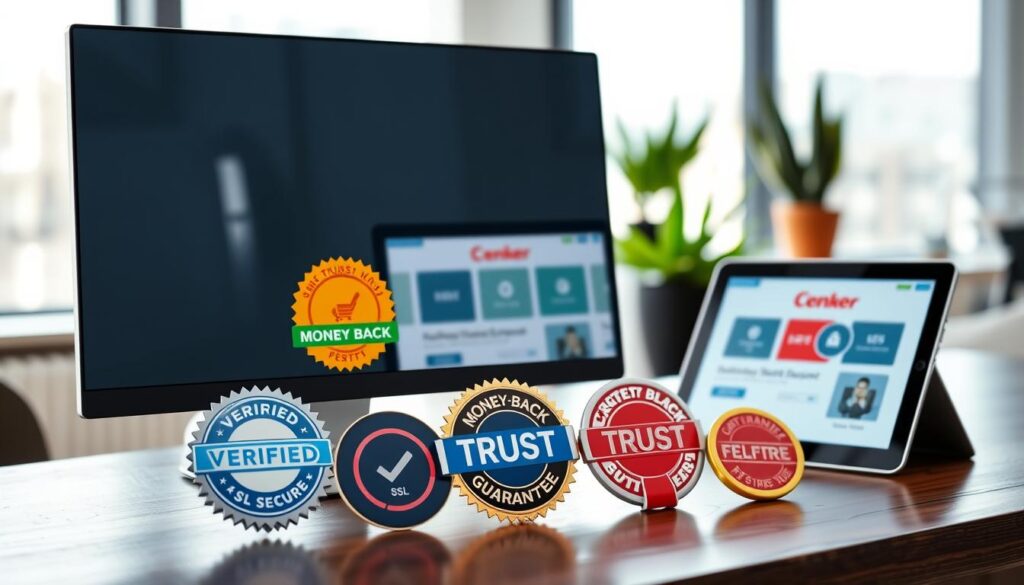 A clean, modern digital workspace showcasing various website trust badges prominently arranged on a sleek, desktop computer screen. In the foreground, intricate trust badges like “Verified”, “SSL Secure”, and “Money-Back Guarantee” are displayed in vibrant colors and clear designs, with a slight reflective sheen. The middle layer features a laptop and tablet displaying the same badges in various contexts, suggesting their application on mobile and desktop websites. In the background, there is a soft-focus of a bright, minimalistic office setting with potted plants and natural light streaming in through large windows, creating an inviting and professional atmosphere. The overall mood is one of assurance and professionalism, emphasizing the importance of trust in online interactions. The scene is captured from a slightly elevated angle, providing a comprehensive view of the badges in use.