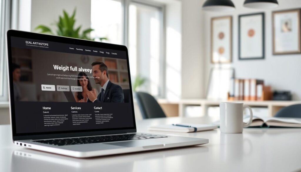 A clean, modern legal website layout featuring a navigation bar with various sections like Home, About, Services, and Contact. In the foreground, there’s a sleek laptop displaying the homepage’s structured design, showcasing balanced elements and a thoughtful hierarchy. The middle ground includes a well-organized desk with legal books, a notepad, and a coffee mug, suggesting a professional atmosphere. In the background, a softly blurred office environment with light-colored walls and framed certificates to convey a sense of credibility. Natural light filters in through a large window, casting a warm glow. The mood is polished and inviting, emphasizing clarity and user-friendly navigation for an optimal browsing experience. A clean, modern legal website layout featuring a navigation bar with various sections like Home, About, Services, and Contact. In the foreground, there’s a sleek laptop displaying the homepage’s structured design, showcasing balanced elements and a thoughtful hierarchy. The middle ground includes a well-organized desk with legal books, a notepad, and a coffee mug, suggesting a professional atmosphere. In the background, a softly blurred office environment with light-colored walls and framed certificates to convey a sense of credibility. Natural light filters in through a large window, casting a warm glow. The mood is polished and inviting, emphasizing clarity and user-friendly navigation for an optimal browsing experience.