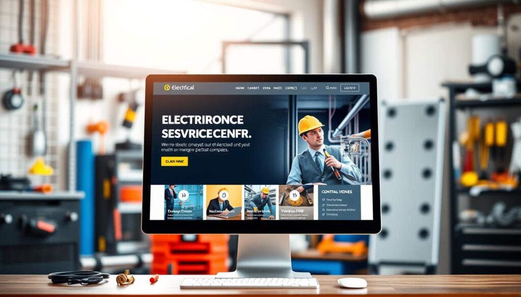 A clean, modern website interface for an electrical contracting business, showcasing an eye-catching homepage layout. In the foreground, a stylized mock-up of a computer screen displaying vivid visuals of electrical tools, service icons, and striking images of a professional electrician in business attire working on a project. The middle layer includes elements like navigation menus, testimonials, and contact information, all designed with vibrant colors and intuitive icons. In the background, a subtly blurred workspace scene with electrical equipment and tools, suggesting a dynamic work environment. Soft, natural lighting enhances the inviting atmosphere, and the composition is captured from a slightly elevated angle, giving a professional yet approachable feel. A clean, modern website interface for an electrical contracting business, showcasing an eye-catching homepage layout. In the foreground, a stylized mock-up of a computer screen displaying vivid visuals of electrical tools, service icons, and striking images of a professional electrician in business attire working on a project. The middle layer includes elements like navigation menus, testimonials, and contact information, all designed with vibrant colors and intuitive icons. In the background, a subtly blurred workspace scene with electrical equipment and tools, suggesting a dynamic work environment. Soft, natural lighting enhances the inviting atmosphere, and the composition is captured from a slightly elevated angle, giving a professional yet approachable feel.