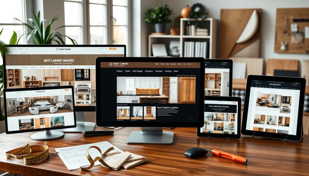 A collection of beautifully designed cabinet maker websites displayed on computer screens and tablets, showcasing their high-quality craftsmanship and modern aesthetics. In the foreground, a wooden desk with a designer's tools – measuring tape, wood samples, and sketches – adds a touch of creativity. The middle ground features the screens displaying an array of cabinet designs, color palettes, and layout ideas, all set in a well-lit, bright room. In the background, there are some potted plants and a shelf with sample materials, creating a warm and inviting atmosphere. The lighting is soft and natural, coming from a nearby window, casting a gentle glow on the workspace. The overall mood is inspiring and professional, perfect for a cabinet maker’s design inspiration. A collection of beautifully designed cabinet maker websites displayed on computer screens and tablets, showcasing their high-quality craftsmanship and modern aesthetics. In the foreground, a wooden desk with a designer's tools – measuring tape, wood samples, and sketches – adds a touch of creativity. The middle ground features the screens displaying an array of cabinet designs, color palettes, and layout ideas, all set in a well-lit, bright room. In the background, there are some potted plants and a shelf with sample materials, creating a warm and inviting atmosphere. The lighting is soft and natural, coming from a nearby window, casting a gentle glow on the workspace. The overall mood is inspiring and professional, perfect for a cabinet maker’s design inspiration.