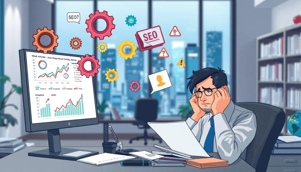 A conceptual illustration showcasing the theme of "machine learning mistakes" in the context of SEO. In the foreground, a frustrated data analyst in professional attire sits at a cluttered desk, analyzing complex charts on a computer screen with mismatched graphs and unexpected results. In the middle ground, various floating icons symbolize common errors, like broken links, keyword stuffing, and confused algorithms, represented as colorful gears and warning signs. In the background, a blurred office setting with bookshelves filled with SEO guides and a large window revealing a digital cityscape bathed in soft blue light, suggesting a sense of innovation and technology. The mood is contemplative yet slightly chaotic, emphasizing the challenges of navigating machine learning in SEO. A conceptual illustration showcasing the theme of "machine learning mistakes" in the context of SEO. In the foreground, a frustrated data analyst in professional attire sits at a cluttered desk, analyzing complex charts on a computer screen with mismatched graphs and unexpected results. In the middle ground, various floating icons symbolize common errors, like broken links, keyword stuffing, and confused algorithms, represented as colorful gears and warning signs. In the background, a blurred office setting with bookshelves filled with SEO guides and a large window revealing a digital cityscape bathed in soft blue light, suggesting a sense of innovation and technology. The mood is contemplative yet slightly chaotic, emphasizing the challenges of navigating machine learning in SEO.