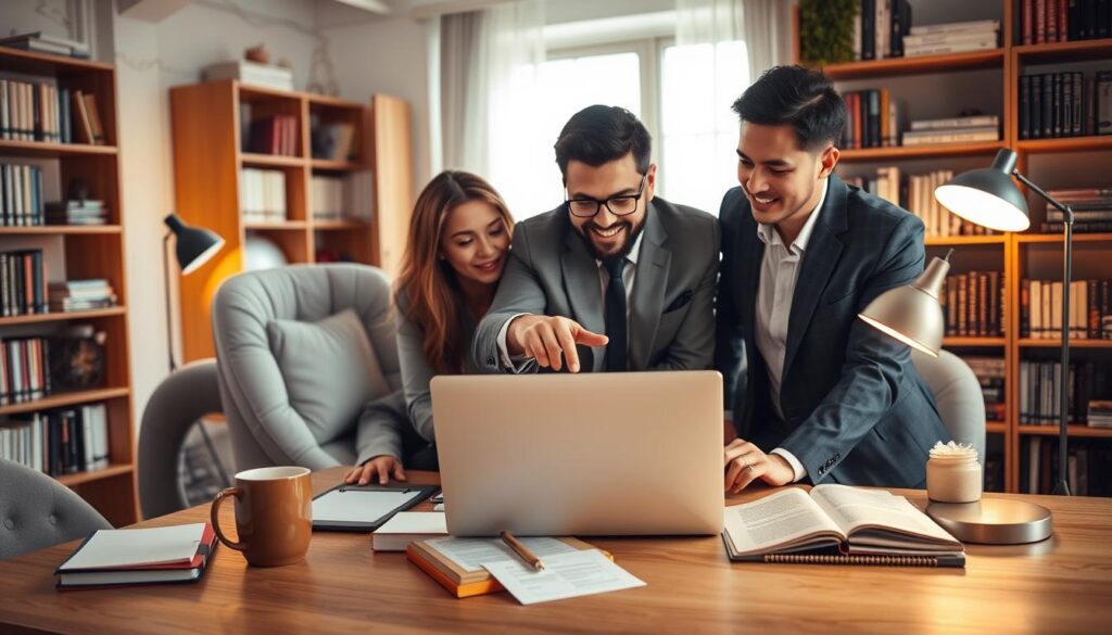 A cozy, modern office space featuring a diverse group of three professionals in business attire, reviewing a web design on a laptop. The foreground showcases a stylish desk with stationery, a coffee mug, and notes about home and about us page elements. In the middle, the group engages in discussion, with one person pointing at the screen, illustrating the crafting process. The background includes bookshelves filled with design and marketing books, a soft glow from a desk lamp creating a warm atmosphere. Natural light streams in from a window, emphasizing collaboration and creativity. The mood is focused and constructive, highlighting teamwork in developing effective web content for small businesses. A cozy, modern office space featuring a diverse group of three professionals in business attire, reviewing a web design on a laptop. The foreground showcases a stylish desk with stationery, a coffee mug, and notes about home and about us page elements. In the middle, the group engages in discussion, with one person pointing at the screen, illustrating the crafting process. The background includes bookshelves filled with design and marketing books, a soft glow from a desk lamp creating a warm atmosphere. Natural light streams in from a window, emphasizing collaboration and creativity. The mood is focused and constructive, highlighting teamwork in developing effective web content for small businesses.