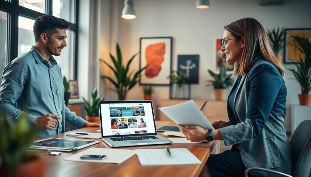 A cozy modern office space featuring a web designer and a client engaged in a focused discussion about after-launch support. In the foreground, a well-dressed professional man, wearing a light blue shirt and smart casual blazer, is attentively listening to a woman in a tailored navy dress. The table between them is cluttered with design mockups, a laptop displaying a vibrant website, and a notepad filled with questions. In the background, large windows allow natural light to filter in, illuminating the room decorated with potted plants and stylish wall art. The atmosphere is warm and collaborative, evoking a sense of innovation and partnership. The angle is slightly tilted, showcasing the depth of the workspace while highlighting their engaged expressions. A cozy modern office space featuring a web designer and a client engaged in a focused discussion about after-launch support. In the foreground, a well-dressed professional man, wearing a light blue shirt and smart casual blazer, is attentively listening to a woman in a tailored navy dress. The table between them is cluttered with design mockups, a laptop displaying a vibrant website, and a notepad filled with questions. In the background, large windows allow natural light to filter in, illuminating the room decorated with potted plants and stylish wall art. The atmosphere is warm and collaborative, evoking a sense of innovation and partnership. The angle is slightly tilted, showcasing the depth of the workspace while highlighting their engaged expressions.