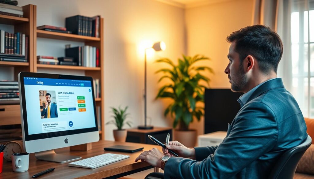 A cozy, well-lit home office space featuring a desktop computer displaying a vibrant website tutorial on the screen, showcasing a booking page design for website consultation. In the foreground, a person in professional business attire is seated, focused on the screen with a notepad and pen at hand, taking notes. The middle ground includes shelves filled with books on web design and development, along with a small plant for a touch of greenery. In the background, a large window lets in soft natural light, creating an inviting atmosphere. The overall mood conveys professionalism, creativity, and accessibility to expert knowledge, with a warm color palette to enhance the feeling of comfort and support. A cozy, well-lit home office space featuring a desktop computer displaying a vibrant website tutorial on the screen, showcasing a booking page design for website consultation. In the foreground, a person in professional business attire is seated, focused on the screen with a notepad and pen at hand, taking notes. The middle ground includes shelves filled with books on web design and development, along with a small plant for a touch of greenery. In the background, a large window lets in soft natural light, creating an inviting atmosphere. The overall mood conveys professionalism, creativity, and accessibility to expert knowledge, with a warm color palette to enhance the feeling of comfort and support.