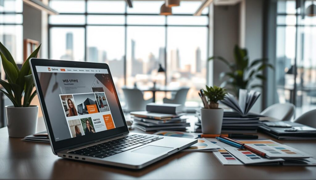 A creative workspace showcasing a collection of web design packages. In the foreground, an open laptop displays a sleek website design on its screen, surrounded by colorful brochures highlighting various package options. The middle ground features a stylish desk cluttered with design tools like sketch pads, color swatches, and a potted plant for a touch of nature. In the background, a well-lit office space with large windows reveals a modern Melbourne skyline, suggesting an urban, professional atmosphere. Soft, natural light streams in, casting gentle shadows. The overall mood is inspiring and focused, ideal for illustrating the importance of SEO in web design. The image excludes any text, ensuring a clean, professional look without distractions. A creative workspace showcasing a collection of web design packages. In the foreground, an open laptop displays a sleek website design on its screen, surrounded by colorful brochures highlighting various package options. The middle ground features a stylish desk cluttered with design tools like sketch pads, color swatches, and a potted plant for a touch of nature. In the background, a well-lit office space with large windows reveals a modern Melbourne skyline, suggesting an urban, professional atmosphere. Soft, natural light streams in, casting gentle shadows. The overall mood is inspiring and focused, ideal for illustrating the importance of SEO in web design. The image excludes any text, ensuring a clean, professional look without distractions.