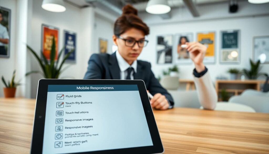 A detailed checklist for mobile responsiveness, displayed on a modern tablet device, positioned on a sleek, wooden desk. The foreground features a close-up of the tablet screen with icons for design elements like fluid grids, touch-friendly buttons, and responsive images. In the middle ground, a professional business person in smart casual attire, with focused expression, is reviewing the checklist, highlighting key points with a stylus. The background shows a bright, well-lit office space, with subtle hints of plants and inspirational posters on the walls, creating an atmosphere of productivity and innovation. Soft, diffused lighting enhances the warm, collaborative feel of the environment, while a slight tilt angle adds dynamism to the composition. A detailed checklist for mobile responsiveness, displayed on a modern tablet device, positioned on a sleek, wooden desk. The foreground features a close-up of the tablet screen with icons for design elements like fluid grids, touch-friendly buttons, and responsive images. In the middle ground, a professional business person in smart casual attire, with focused expression, is reviewing the checklist, highlighting key points with a stylus. The background shows a bright, well-lit office space, with subtle hints of plants and inspirational posters on the walls, creating an atmosphere of productivity and innovation. Soft, diffused lighting enhances the warm, collaborative feel of the environment, while a slight tilt angle adds dynamism to the composition.