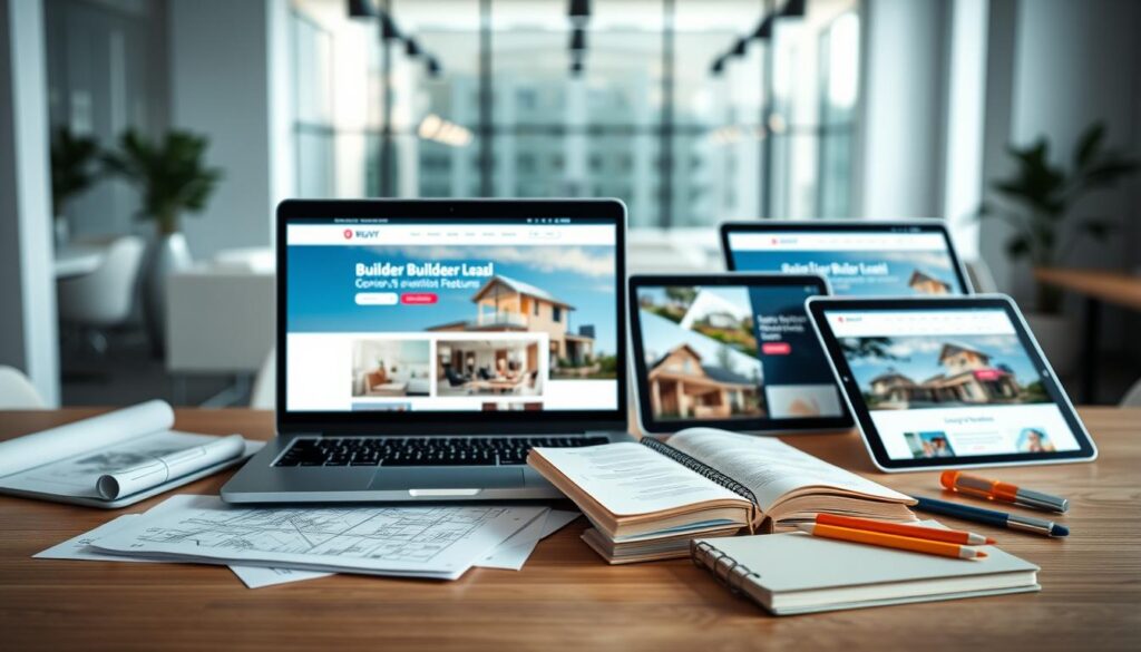 A detailed visual composition showcasing a series of successful builder websites on laptops and tablets, arranged dynamically on a modern workspace desk. In the foreground, a sleek laptop display features an attractive, user-friendly homepage of a builder website with high-quality images and easy navigation. To the sides, a tablet presents a live demo of another well-designed builder site, emphasizing lead generation features. The middle of the image captures elements like architectural blueprints and a professional notebook, suggesting an environment of creativity and planning. In the blurred background, soft natural light illuminates a bright office space with minimalistic furniture, creating an inviting atmosphere. The focus is on professionalism and innovation, with a clean, modern aesthetic. A detailed visual composition showcasing a series of successful builder websites on laptops and tablets, arranged dynamically on a modern workspace desk. In the foreground, a sleek laptop display features an attractive, user-friendly homepage of a builder website with high-quality images and easy navigation. To the sides, a tablet presents a live demo of another well-designed builder site, emphasizing lead generation features. The middle of the image captures elements like architectural blueprints and a professional notebook, suggesting an environment of creativity and planning. In the blurred background, soft natural light illuminates a bright office space with minimalistic furniture, creating an inviting atmosphere. The focus is on professionalism and innovation, with a clean, modern aesthetic.