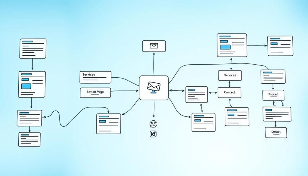 A detailed visual representation of a website sitemap, illustrating interconnected landing pages for marketing campaigns. In the foreground, prominently display a stylized flowchart with rectangles representing web pages, arrows indicating the relationships between them, and different colored boxes for various categories like "Home," "Services," "Blog," and "Contact." In the middle, include icons for marketing tools like email and social media, subtly integrated into the flowchart. The background should feature a soft gradient of light blue, conveying a tech-savvy atmosphere. Lighting should be bright and inviting, emphasizing clarity and organization, as if viewed on a computer screen. The overall mood is professional and forward-thinking, appealing to small business owners visualizing their website structure. A detailed visual representation of a website sitemap, illustrating interconnected landing pages for marketing campaigns. In the foreground, prominently display a stylized flowchart with rectangles representing web pages, arrows indicating the relationships between them, and different colored boxes for various categories like "Home," "Services," "Blog," and "Contact." In the middle, include icons for marketing tools like email and social media, subtly integrated into the flowchart. The background should feature a soft gradient of light blue, conveying a tech-savvy atmosphere. Lighting should be bright and inviting, emphasizing clarity and organization, as if viewed on a computer screen. The overall mood is professional and forward-thinking, appealing to small business owners visualizing their website structure.