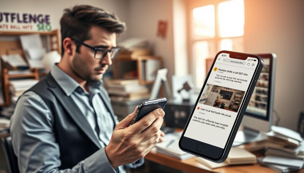 A digital collage depicting the pitfalls of local SEO, specifically focusing on the lack of a mobile-friendly website design. In the foreground, a frustrated business owner in a smart casual outfit is examining a website on a smartphone, looking perplexed at the poorly rendered site. In the middle ground, a cluttered desk filled with outdated marketing materials and a computer showing a non-responsive website layout. The background features a blurred storefront, symbolizing a small local business struggling with visibility. Soft natural light filters through a window, creating a warm yet subtle tension in the atmosphere. The camera angle is slightly tilted, emphasizing the chaos of ineffective design, with a focus on the smartphone's screen displaying error messages to enhance the theme.
