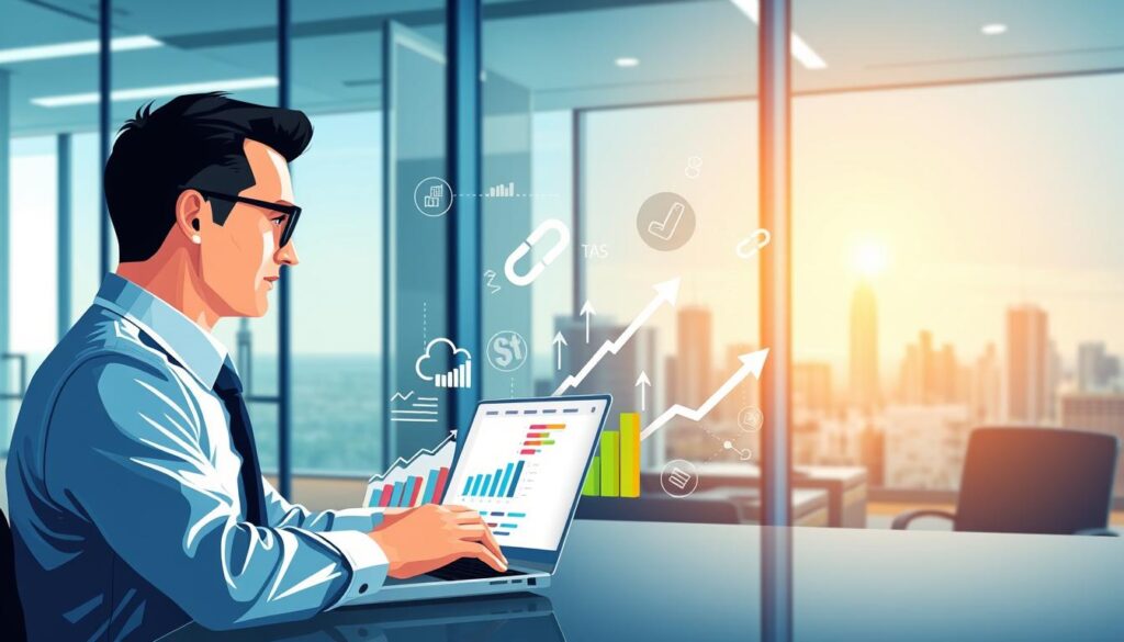 A digital illustration depicting the concept of accounting firm website traffic. In the foreground, a professional accountant in business attire analyzes a laptop screen filled with colorful charts and analytics related to website inquiries. In the middle ground, there are various icons representing link building strategies, such as a chain link symbol, arrows, and upward-trending graphs. The background features a modern office setting with glass walls and a city skyline visible through the window, giving a sense of professionalism and ambition. The lighting is bright and inviting, emphasizing clarity and focus. The overall atmosphere exudes a sense of progress and strategy in the digital marketing landscape for accounting firms. A digital illustration depicting the concept of accounting firm website traffic. In the foreground, a professional accountant in business attire analyzes a laptop screen filled with colorful charts and analytics related to website inquiries. In the middle ground, there are various icons representing link building strategies, such as a chain link symbol, arrows, and upward-trending graphs. The background features a modern office setting with glass walls and a city skyline visible through the window, giving a sense of professionalism and ambition. The lighting is bright and inviting, emphasizing clarity and focus. The overall atmosphere exudes a sense of progress and strategy in the digital marketing landscape for accounting firms.
