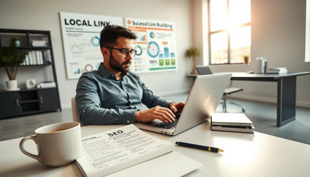 A digital marketing professional in a modern office setting, intently reviewing a laptop screen displaying local SEO stats. In the foreground, a notepad filled with notes on local link-building strategies, alongside a cup of coffee. The middle ground features a large wall display with a colorful infographic highlighting successful local link-building examples, complemented by charts and graphs. The background includes a sleek desk with SEO books and a large window letting in warm, natural light, creating an inviting atmosphere. The overall mood conveys focus and determination, emphasizing the importance of leveraging local link opportunities in a calm and productive environment.