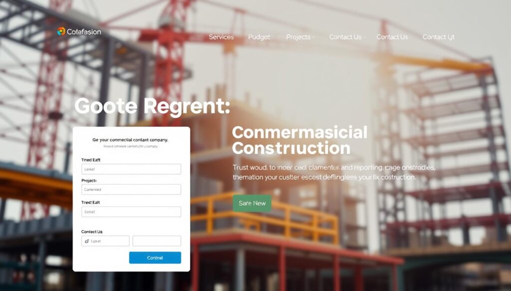A digital mockup of a commercial construction company website, featuring a clean and modern layout. In the foreground, display a sleek quote request form, highlighting fields for project details, budget, and timeline. In the middle, include elements such as a navigation bar with sections labeled "Services," "Projects," and "Contact Us," all designed with professional typography. In the background, incorporate a subtle image of a construction site, featuring cranes and scaffolding, bathed in natural sunlight to convey a sense of progress and professionalism. Use a wide-angle view to create depth, with sharp focus on the website layout and soft bokeh for the site backdrop, evoking a mood of trust and efficiency in commercial construction. A digital mockup of a commercial construction company website, featuring a clean and modern layout. In the foreground, display a sleek quote request form, highlighting fields for project details, budget, and timeline. In the middle, include elements such as a navigation bar with sections labeled "Services," "Projects," and "Contact Us," all designed with professional typography. In the background, incorporate a subtle image of a construction site, featuring cranes and scaffolding, bathed in natural sunlight to convey a sense of progress and professionalism. Use a wide-angle view to create depth, with sharp focus on the website layout and soft bokeh for the site backdrop, evoking a mood of trust and efficiency in commercial construction.