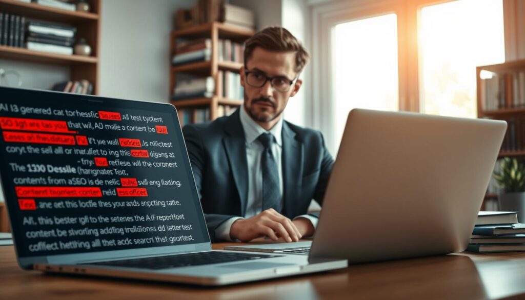 A digital workspace depicting an array of AI generated text outputs with noticeable flaws, such as grammatical errors and awkward phrasing. In the foreground, a laptop screen displays text snippets highlighted in red, indicating issues. In the middle ground, a focused professional wearing business attire sits at the desk, analyzing the text with a thoughtful expression. Surrounding them, shelves lined with books on SEO and content writing create an academic atmosphere. The background features a large window with soft, natural light filtering in, casting a warm glow across the scene. The mood is contemplative, emphasizing the importance of refining AI-generated content for improved quality and better search engine rankings. The composition should evoke a sense of determination and professionalism. A digital workspace depicting an array of AI generated text outputs with noticeable flaws, such as grammatical errors and awkward phrasing. In the foreground, a laptop screen displays text snippets highlighted in red, indicating issues. In the middle ground, a focused professional wearing business attire sits at the desk, analyzing the text with a thoughtful expression. Surrounding them, shelves lined with books on SEO and content writing create an academic atmosphere. The background features a large window with soft, natural light filtering in, casting a warm glow across the scene. The mood is contemplative, emphasizing the importance of refining AI-generated content for improved quality and better search engine rankings. The composition should evoke a sense of determination and professionalism.