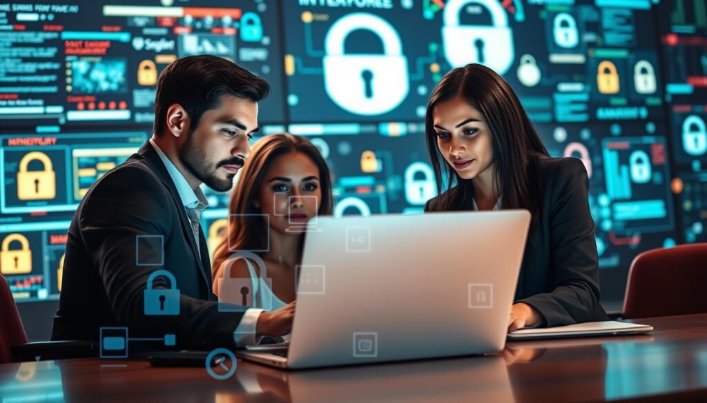 A dynamic digital workspace showcasing the essence of leading cyber security companies online. In the foreground, display a diverse group of three professionals dressed in smart business attire, deeply engaged in discussion over a sleek, high-tech laptop. In the middle ground, visual elements representing common web design mistakes illuminate the scene—such as cluttered interfaces, outdated graphics, and poor navigation. In the background, a vivid representation of a bustling cyber landscape, with abstract data flows and digital padlocks, creating a sense of urgency and vigilance. Soft, focused lighting highlights the professionals, while ambient light reflects off screens displaying security dashboards. The mood conveys a sense of professionalism, collaboration, and the importance of effective web design in cyber security. A dynamic digital workspace showcasing the essence of leading cyber security companies online. In the foreground, display a diverse group of three professionals dressed in smart business attire, deeply engaged in discussion over a sleek, high-tech laptop. In the middle ground, visual elements representing common web design mistakes illuminate the scene—such as cluttered interfaces, outdated graphics, and poor navigation. In the background, a vivid representation of a bustling cyber landscape, with abstract data flows and digital padlocks, creating a sense of urgency and vigilance. Soft, focused lighting highlights the professionals, while ambient light reflects off screens displaying security dashboards. The mood conveys a sense of professionalism, collaboration, and the importance of effective web design in cyber security.