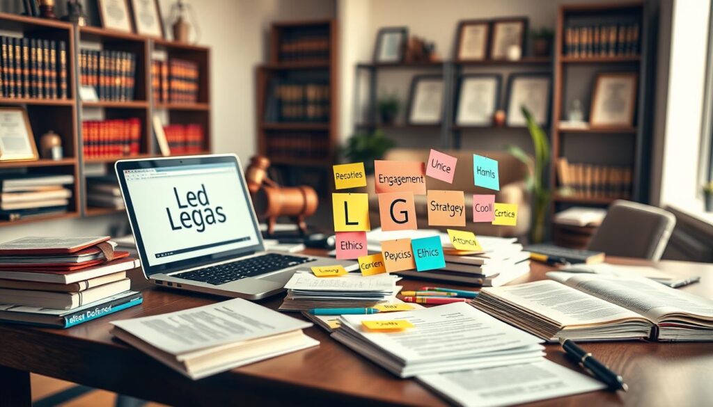 A dynamic, engaging workspace centered around legal blog ideas, focusing on criminal defense topics. In the foreground, a sleek wooden desk cluttered with legal texts, notepads, and a laptop displaying case notes. A professional in business attire, deeply focused, is typing on the laptop. In the middle, an array of brainstorming materials, including colorful sticky notes with keywords like "engagement," "strategy," and "ethics" prominently displayed. The background features a modern office with shelves filled with law books and framed legal certificates, subtly blending into soft-focus. Warm, natural lighting streams through a window, creating an inviting atmosphere. The overall mood conveys inspiration and professionalism, ideal for generating creative blog writing prompts. A dynamic, engaging workspace centered around legal blog ideas, focusing on criminal defense topics. In the foreground, a sleek wooden desk cluttered with legal texts, notepads, and a laptop displaying case notes. A professional in business attire, deeply focused, is typing on the laptop. In the middle, an array of brainstorming materials, including colorful sticky notes with keywords like "engagement," "strategy," and "ethics" prominently displayed. The background features a modern office with shelves filled with law books and framed legal certificates, subtly blending into soft-focus. Warm, natural lighting streams through a window, creating an inviting atmosphere. The overall mood conveys inspiration and professionalism, ideal for generating creative blog writing prompts.