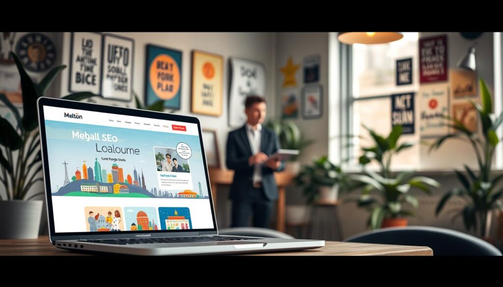 A dynamic, modern small business website interface designed specifically for a Melton-based business. In the foreground, showcase a laptop displaying a visually appealing website design, featuring local Melbourne landmarks and businesses, with vibrant colors and user-friendly navigation. In the middle area, depict a person, dressed in professional business attire, engaged in a thoughtful discussion about local SEO strategies, surrounded by design sketches and digital marketing tools. The background highlights a cozy, inviting office space filled with greenery and motivational posters, illuminated by soft, natural lighting from a nearby window. The mood is collaborative and innovative, perfect for small business development in the Melton area. A dynamic, modern small business website interface designed specifically for a Melton-based business. In the foreground, showcase a laptop displaying a visually appealing website design, featuring local Melbourne landmarks and businesses, with vibrant colors and user-friendly navigation. In the middle area, depict a person, dressed in professional business attire, engaged in a thoughtful discussion about local SEO strategies, surrounded by design sketches and digital marketing tools. The background highlights a cozy, inviting office space filled with greenery and motivational posters, illuminated by soft, natural lighting from a nearby window. The mood is collaborative and innovative, perfect for small business development in the Melton area.