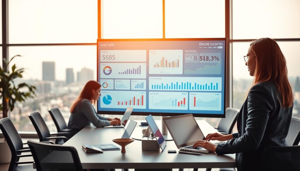 A dynamic office setting showcasing website traffic generation. In the foreground, a professional woman in business attire is analyzing data on a large digital dashboard displaying graphs, charts, and traffic metrics. In the middle, colleagues collaborate around a conference table, sharing ideas on performance indicators, with laptops and notepads in front of them. The background features a bright and modern office environment with large windows, allowing natural light to spill in, enhancing a vibrant atmosphere. A soft-focus city skyline is visible through the windows, symbolizing online reach. The overall mood is focused, innovative, and collaborative, emphasizing success in performance measurement. Use soft lighting for a professional yet inviting feel. A dynamic office setting showcasing website traffic generation. In the foreground, a professional woman in business attire is analyzing data on a large digital dashboard displaying graphs, charts, and traffic metrics. In the middle, colleagues collaborate around a conference table, sharing ideas on performance indicators, with laptops and notepads in front of them. The background features a bright and modern office environment with large windows, allowing natural light to spill in, enhancing a vibrant atmosphere. A soft-focus city skyline is visible through the windows, symbolizing online reach. The overall mood is focused, innovative, and collaborative, emphasizing success in performance measurement. Use soft lighting for a professional yet inviting feel.