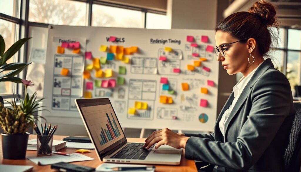 A dynamic office setting that conveys the theme of "redesign timing" in the context of changing business goals. In the foreground, a professional woman in business attire is analyzing charts and graphs on a laptop, her expression focused and determined. In the middle ground, a whiteboard filled with colorful sticky notes and sketches of website layouts symbolizes brainstorming and planning. The background features a modern office with large windows letting in warm, natural light, casting soft shadows. A sense of urgency is portrayed through the woman's posture and the clutter of design materials. The overall mood is collaborative and forward-thinking, reflecting the importance of adapting to new business objectives. The angle is slightly elevated, providing a comprehensive view of the workspace. A dynamic office setting that conveys the theme of "redesign timing" in the context of changing business goals. In the foreground, a professional woman in business attire is analyzing charts and graphs on a laptop, her expression focused and determined. In the middle ground, a whiteboard filled with colorful sticky notes and sketches of website layouts symbolizes brainstorming and planning. The background features a modern office with large windows letting in warm, natural light, casting soft shadows. A sense of urgency is portrayed through the woman's posture and the clutter of design materials. The overall mood is collaborative and forward-thinking, reflecting the importance of adapting to new business objectives. The angle is slightly elevated, providing a comprehensive view of the workspace.