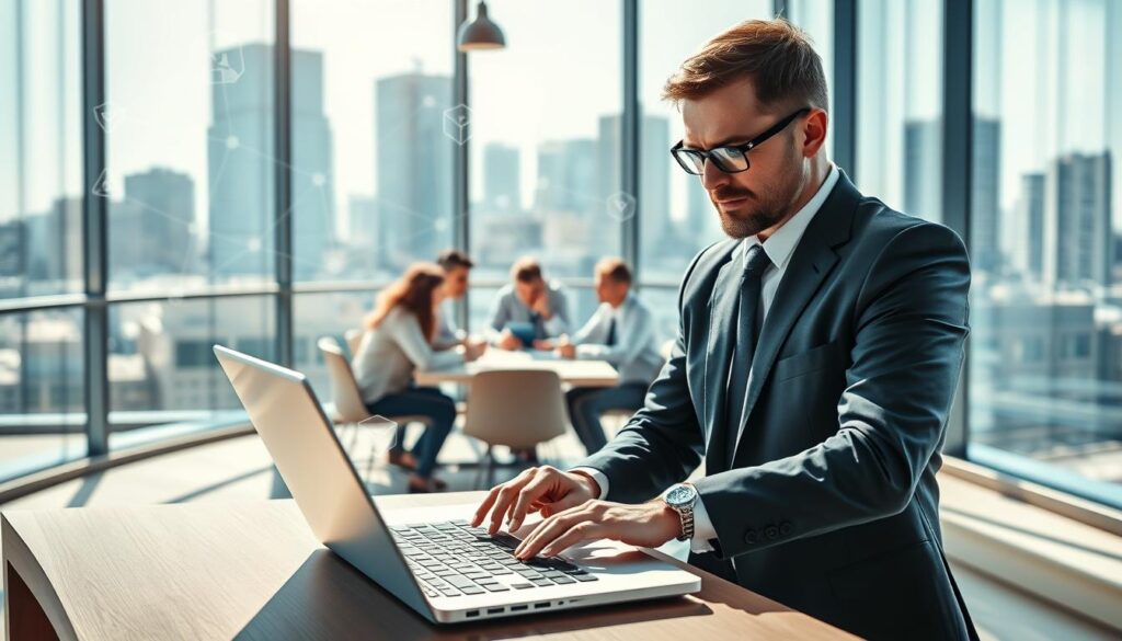 A dynamic, professional scene illustrating link building tactics for local engineering firms. In the foreground, a focused engineer in business attire is working on a laptop, surrounded by visual representations of hyperlinks and local maps, symbolizing online connections. The middle ground features a modern office environment with collaborative team members discussing strategies around a conference table, showcasing a blend of teamwork and innovation. The background includes a city skyline, indicating a strong local presence. The lighting is bright and inviting, with natural sunlight streaming in, creating a productive and optimistic atmosphere. The composition should evoke a sense of professionalism and connectivity, illustrating the importance of local authority in the engineering sector.