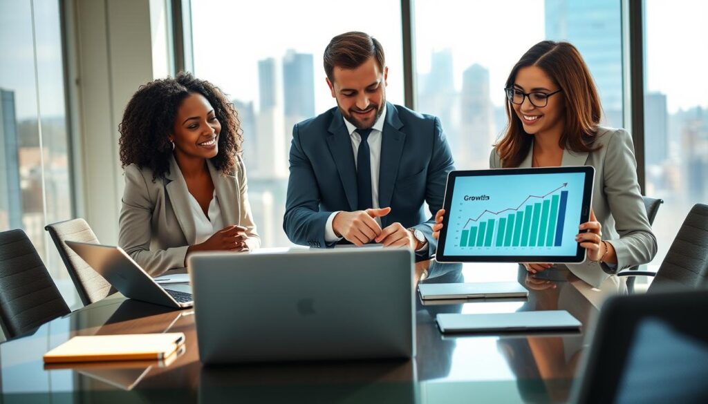 A dynamic scene illustrating "business growth" in a professional setting. In the foreground, a diverse group of three business professionals in business attire (a Black woman, a Caucasian man, and an Asian woman) are engaged in a discussion, pointing at a digital tablet that displays positive growth charts. The middle ground features a large, modern conference table decorated with laptops and notepads, symbolizing collaboration and strategizing. In the background, a window reveals a bustling cityscape, representing opportunity and expansion. The lighting is bright and airy, creating an optimistic atmosphere, with natural light pouring in. The camera angle is slightly elevated, capturing the energy of the moment and conveying the importance of setting clear, achievable goals. A dynamic scene illustrating "business growth" in a professional setting. In the foreground, a diverse group of three business professionals in business attire (a Black woman, a Caucasian man, and an Asian woman) are engaged in a discussion, pointing at a digital tablet that displays positive growth charts. The middle ground features a large, modern conference table decorated with laptops and notepads, symbolizing collaboration and strategizing. In the background, a window reveals a bustling cityscape, representing opportunity and expansion. The lighting is bright and airy, creating an optimistic atmosphere, with natural light pouring in. The camera angle is slightly elevated, capturing the energy of the moment and conveying the importance of setting clear, achievable goals.