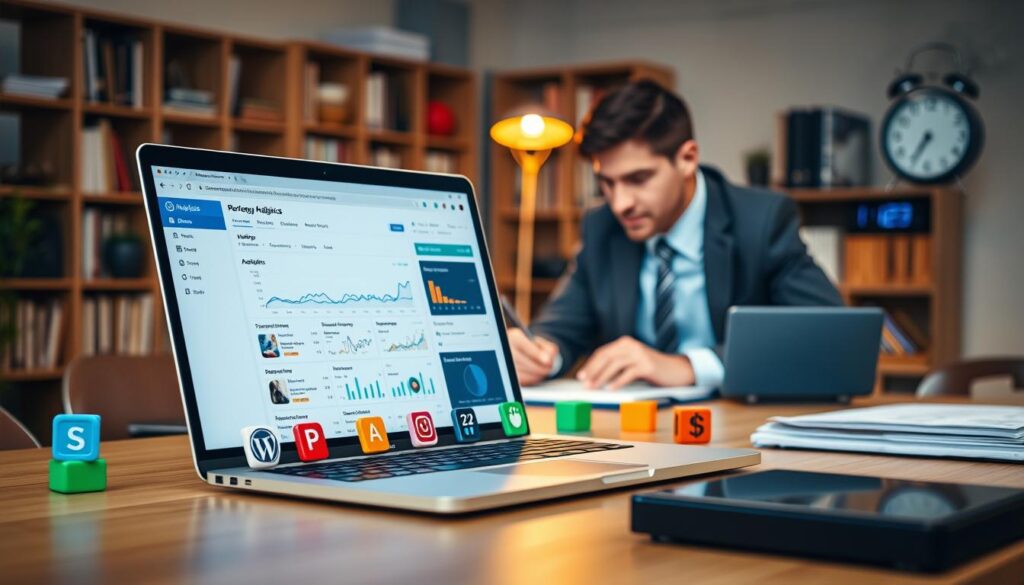A dynamic workspace showcasing essential WordPress tools for managing site performance. In the foreground, a sleek laptop displays a WordPress dashboard with performance analytics and plugin options open. Surrounding the laptop are high-quality plugins represented as colorful icons, symbolizing speed, optimization, and analytics. In the middle ground, a professional in smart business attire is intently reviewing the screen, immersed in their work, with a warm, inviting glow of desk lamps highlighting the scene. The background features a modern office environment, with bookshelves and a digital clock subtly indicating a focus on time management and efficiency. Soft, diffused lighting creates a collaborative atmosphere, conveying productivity and professionalism. A dynamic workspace showcasing essential WordPress tools for managing site performance. In the foreground, a sleek laptop displays a WordPress dashboard with performance analytics and plugin options open. Surrounding the laptop are high-quality plugins represented as colorful icons, symbolizing speed, optimization, and analytics. In the middle ground, a professional in smart business attire is intently reviewing the screen, immersed in their work, with a warm, inviting glow of desk lamps highlighting the scene. The background features a modern office environment, with bookshelves and a digital clock subtly indicating a focus on time management and efficiency. Soft, diffused lighting creates a collaborative atmosphere, conveying productivity and professionalism.