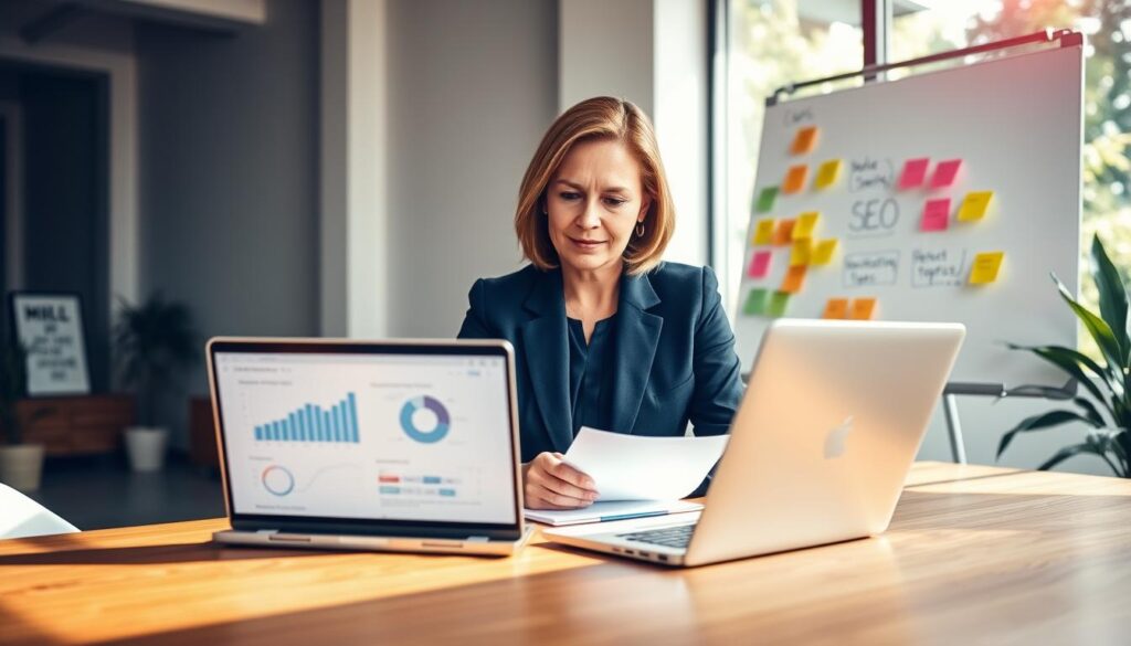 A focused business coach, a middle-aged woman in a tailored navy blue suit, sits at a modern wooden desk in a bright, airy office. In the foreground, she is seen reviewing a laptop displaying analytics and charts related to SEO strategies for coaching websites. The middle ground shows a whiteboard filled with colorful sticky notes and diagrams outlining effective marketing tactics. The background includes a large window with natural light streaming in, casting soft shadows, and greenery visible outside. The atmosphere is inspiring and professional, evoking a sense of motivation and growth, with a slightly blurred depth of field to emphasize the coach's focused expression. The image captures a moment of strategic planning in a vibrant, modern workspace.