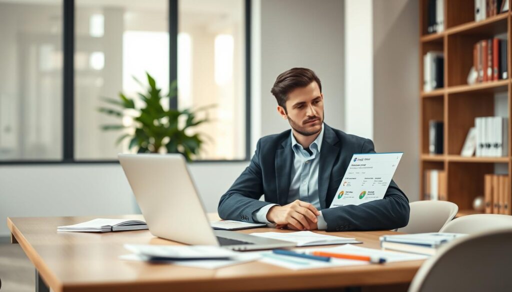 A focused, modern office environment featuring a professional accountant seated at a desk, reviewing and optimizing a Google Business Profile on a sleek laptop. In the foreground, the accountant, dressed in a smart business attire, is engaged in adjusting listings, with charts and financial documents scattered around. In the middle ground, a large window lets in soft, natural light, illuminating the workspace and highlighting a potted plant for a touch of greenery. The background reveals a minimalist office with shelves filled with books on finance and local SEO. The overall mood is productive and focused, intended to convey the importance of optimizing online presence for local searches. The scene should be captured with a warm color palette and a slight depth of field effect, emphasizing the accountant's task. A focused, modern office environment featuring a professional accountant seated at a desk, reviewing and optimizing a Google Business Profile on a sleek laptop. In the foreground, the accountant, dressed in a smart business attire, is engaged in adjusting listings, with charts and financial documents scattered around. In the middle ground, a large window lets in soft, natural light, illuminating the workspace and highlighting a potted plant for a touch of greenery. The background reveals a minimalist office with shelves filled with books on finance and local SEO. The overall mood is productive and focused, intended to convey the importance of optimizing online presence for local searches. The scene should be captured with a warm color palette and a slight depth of field effect, emphasizing the accountant's task.