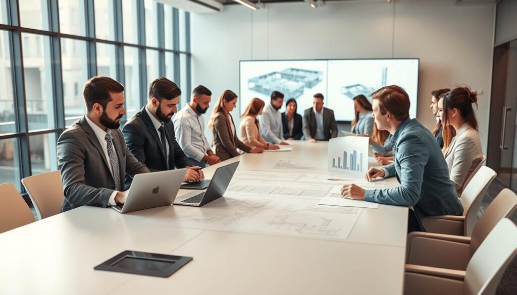 A focused scene featuring a diverse group of engineering professionals gathered around a large, high-tech conference table in a modern office environment. In the foreground, two engineers in professional business attire engage in a discussion, using laptops and digital tablets to showcase plans and data. The middle layer includes a larger group of professionals, both men and women, diligently working together, reviewing 3D models and blueprints displayed on large screens behind them. The background showcases sleek, minimalistic office decor with natural light flooding through large windows, creating a bright and collaborative atmosphere. The lighting is warm and inviting, emphasizing teamwork and innovation, captured from a slight angle to provide depth and perspective. The overall mood conveys productivity and professionalism.