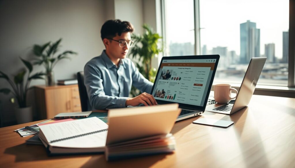 A focused web designer in Melbourne, seated at a modern desk cluttered with design mockups and color swatches, analyzing a laptop screen. In the foreground, a sleek notebook and an open laptop display various pricing options for web design services. In the middle, the designer, a young professional wearing smart business casual attire, is intently reviewing web layouts. The background features a bright, contemporary office space with subtle greenery and a large window showcasing Melbourne's skyline under soft natural lighting. The mood is one of creativity and determination, reflecting the meticulous thought process involved in pricing strategies and options in web design. The lens captures a warm atmosphere with shallow depth of field, highlighting the designer's concentration and the tools of their trade. A focused web designer in Melbourne, seated at a modern desk cluttered with design mockups and color swatches, analyzing a laptop screen. In the foreground, a sleek notebook and an open laptop display various pricing options for web design services. In the middle, the designer, a young professional wearing smart business casual attire, is intently reviewing web layouts. The background features a bright, contemporary office space with subtle greenery and a large window showcasing Melbourne's skyline under soft natural lighting. The mood is one of creativity and determination, reflecting the meticulous thought process involved in pricing strategies and options in web design. The lens captures a warm atmosphere with shallow depth of field, highlighting the designer's concentration and the tools of their trade.