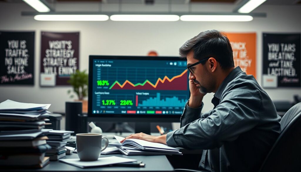 A frustrated business professional sits at a cluttered desk, staring at a computer screen displaying analytics graphs with high traffic numbers but no conversions. In the foreground, a cup of coffee and a stack of notes emphasize a struggling mindset. The middle ground shows the computer with highlighted metrics like "Visitors" in green and "Leads" in red, illustrating the disparity. In the background, a blurred office setting with motivational posters about sales strategies creates contrast. Bright overhead lighting casts a stark glow, highlighting the tension in the scene. The overall mood is one of contemplation and concern, reflecting the search for effective solutions in optimizing a call to action strategy. A frustrated business professional sits at a cluttered desk, staring at a computer screen displaying analytics graphs with high traffic numbers but no conversions. In the foreground, a cup of coffee and a stack of notes emphasize a struggling mindset. The middle ground shows the computer with highlighted metrics like "Visitors" in green and "Leads" in red, illustrating the disparity. In the background, a blurred office setting with motivational posters about sales strategies creates contrast. Bright overhead lighting casts a stark glow, highlighting the tension in the scene. The overall mood is one of contemplation and concern, reflecting the search for effective solutions in optimizing a call to action strategy.