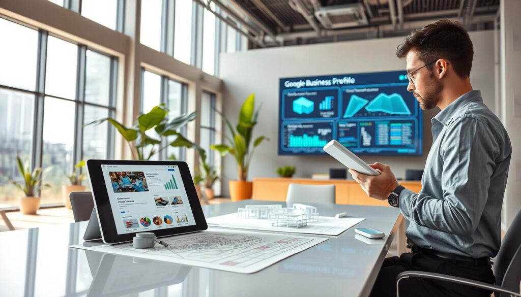 A futuristic architectural office with a modern design aesthetic, featuring large windows and greenery integrated into the space. In the foreground, a professional architect, dressed in smart casual business attire, is analyzing a digital tablet displaying a Google Business Profile interface. The middle ground reveals advanced design sketches and 3D models on a sleek table, embodying the blend of technology and creativity. In the background, a large screen displays data analytics related to local SEO trends and AI innovations, casting a soft blue light over the scene. The atmosphere is vibrant and optimistic, reflecting the future of architecture and digital marketing. The lens captures the scene from a slight upward angle, emphasizing the innovative workspace. A futuristic architectural office with a modern design aesthetic, featuring large windows and greenery integrated into the space. In the foreground, a professional architect, dressed in smart casual business attire, is analyzing a digital tablet displaying a Google Business Profile interface. The middle ground reveals advanced design sketches and 3D models on a sleek table, embodying the blend of technology and creativity. In the background, a large screen displays data analytics related to local SEO trends and AI innovations, casting a soft blue light over the scene. The atmosphere is vibrant and optimistic, reflecting the future of architecture and digital marketing. The lens captures the scene from a slight upward angle, emphasizing the innovative workspace.