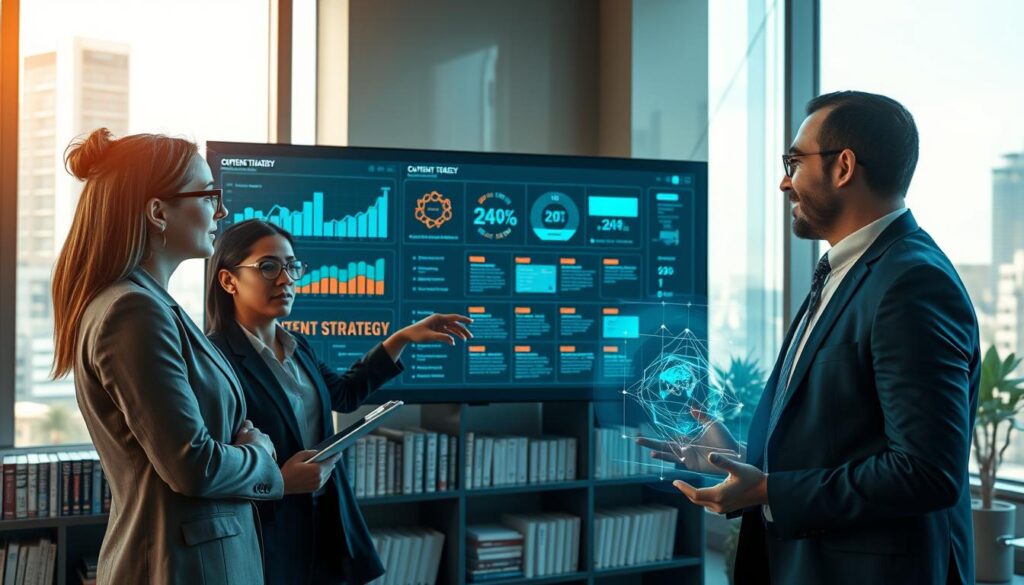 A futuristic office environment focused on content strategy, featuring a large digital dashboard displaying analytical graphs and AI-generated content flowcharts. In the foreground, a diverse group of three professionals, dressed in smart business attire, engage in a discussion, reviewing the dashboard. One person, a woman with glasses, points at a holographic projection of a content calendar, while another, a man with a tablet, takes notes. In the middle ground, shelves filled with books on marketing and technology create an organized ambiance. The background shows large windows with cityscape views and a bright, natural light filtering in, casting soft shadows and creating a vibrant, optimistic atmosphere that highlights innovation in content production.