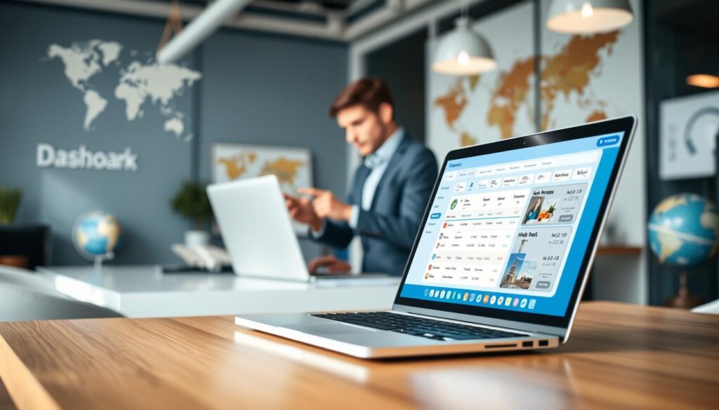 A high-tech, modern digital dashboard interface displaying various online booking services for hospitality and travel. In the foreground, show a laptop with the screen glowing brightly, showcasing user-friendly booking options, flight schedules, and hotel listings. In the middle, create a sleek workspace with a professional wearing business attire, interacting with the laptop, highlighting engagement with technology. The background should feature a stylish, contemporary office setting with travel-related decor like maps and globes, softly lit to create an inviting atmosphere. Use natural lighting to ensure a warm, friendly vibe, captured with a slight depth of field that focuses on the laptop while gently blurring the workspace details, evoking a sense of innovation and connectivity in the online booking landscape. A high-tech, modern digital dashboard interface displaying various online booking services for hospitality and travel. In the foreground, show a laptop with the screen glowing brightly, showcasing user-friendly booking options, flight schedules, and hotel listings. In the middle, create a sleek workspace with a professional wearing business attire, interacting with the laptop, highlighting engagement with technology. The background should feature a stylish, contemporary office setting with travel-related decor like maps and globes, softly lit to create an inviting atmosphere. Use natural lighting to ensure a warm, friendly vibe, captured with a slight depth of field that focuses on the laptop while gently blurring the workspace details, evoking a sense of innovation and connectivity in the online booking landscape.