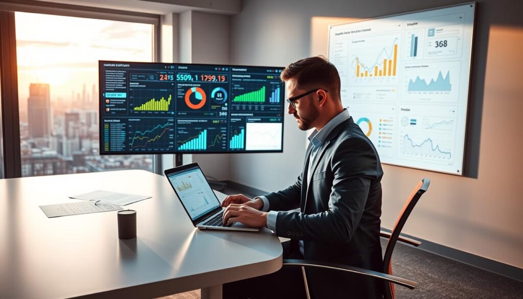 A high-tech office environment focusing on architect search engine optimization. In the foreground, a professional architect, dressed in smart casual attire, analyzes data on a sleek laptop while seated at a modern desk. The middle ground features a large screen displaying detailed analytics graphs, keyword performance charts, and local search metrics, all glowing with vibrant colors. The background showcases a minimalist office with architectural blueprints on the wall and a window revealing a city skyline bathed in warm, natural light, suggesting a productive atmosphere. Soft shadows enhance the depth, and the overall mood is one of focused determination and professionalism, perfect for illustrating tracking performance in local SEO. A high-tech office environment focusing on architect search engine optimization. In the foreground, a professional architect, dressed in smart casual attire, analyzes data on a sleek laptop while seated at a modern desk. The middle ground features a large screen displaying detailed analytics graphs, keyword performance charts, and local search metrics, all glowing with vibrant colors. The background showcases a minimalist office with architectural blueprints on the wall and a window revealing a city skyline bathed in warm, natural light, suggesting a productive atmosphere. Soft shadows enhance the depth, and the overall mood is one of focused determination and professionalism, perfect for illustrating tracking performance in local SEO.