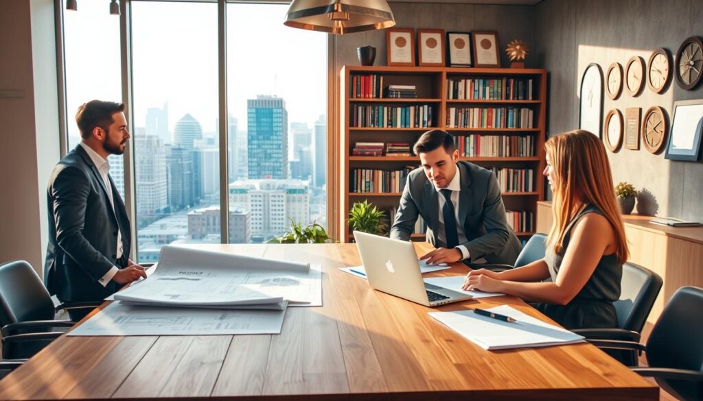 A local architect in professional business attire is engaged in a discussion with clients in a modern, stylish office setting. The foreground features a large wooden table with architectural plans, a laptop, and design materials. In the middle ground, a large window showcases a vibrant cityscape, with buildings demonstrating innovative designs. The background includes bookshelves filled with architecture books and awards on the wall, emphasizing the architect's credibility. The lighting is soft and warm, streaming in from the window, creating an inviting atmosphere. The scene conveys professionalism, creativity, and a focus on community engagement, encapsulating effective content marketing tactics for local architects. A local architect in professional business attire is engaged in a discussion with clients in a modern, stylish office setting. The foreground features a large wooden table with architectural plans, a laptop, and design materials. In the middle ground, a large window showcases a vibrant cityscape, with buildings demonstrating innovative designs. The background includes bookshelves filled with architecture books and awards on the wall, emphasizing the architect's credibility. The lighting is soft and warm, streaming in from the window, creating an inviting atmosphere. The scene conveys professionalism, creativity, and a focus on community engagement, encapsulating effective content marketing tactics for local architects.