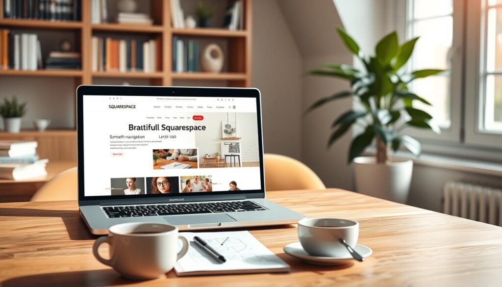 A modern Squarespace website interface displayed on a sleek laptop, positioned on a stylish wooden desk in a well-lit home office. The laptop screen showcases a beautifully designed webpage with a clean layout featuring visually appealing images, smooth navigation, and highlighted community resources. In the foreground, there is a cup of coffee and a notepad with sketches, hinting at creative brainstorming. In the background, a soft-focus bookshelf filled with business books and a potted plant adds warmth to the setting. Natural light floods the room, creating an inviting atmosphere. The color palette is warm and professional, suggesting a conducive workspace for small businesses to thrive. A modern Squarespace website interface displayed on a sleek laptop, positioned on a stylish wooden desk in a well-lit home office. The laptop screen showcases a beautifully designed webpage with a clean layout featuring visually appealing images, smooth navigation, and highlighted community resources. In the foreground, there is a cup of coffee and a notepad with sketches, hinting at creative brainstorming. In the background, a soft-focus bookshelf filled with business books and a potted plant adds warmth to the setting. Natural light floods the room, creating an inviting atmosphere. The color palette is warm and professional, suggesting a conducive workspace for small businesses to thrive.