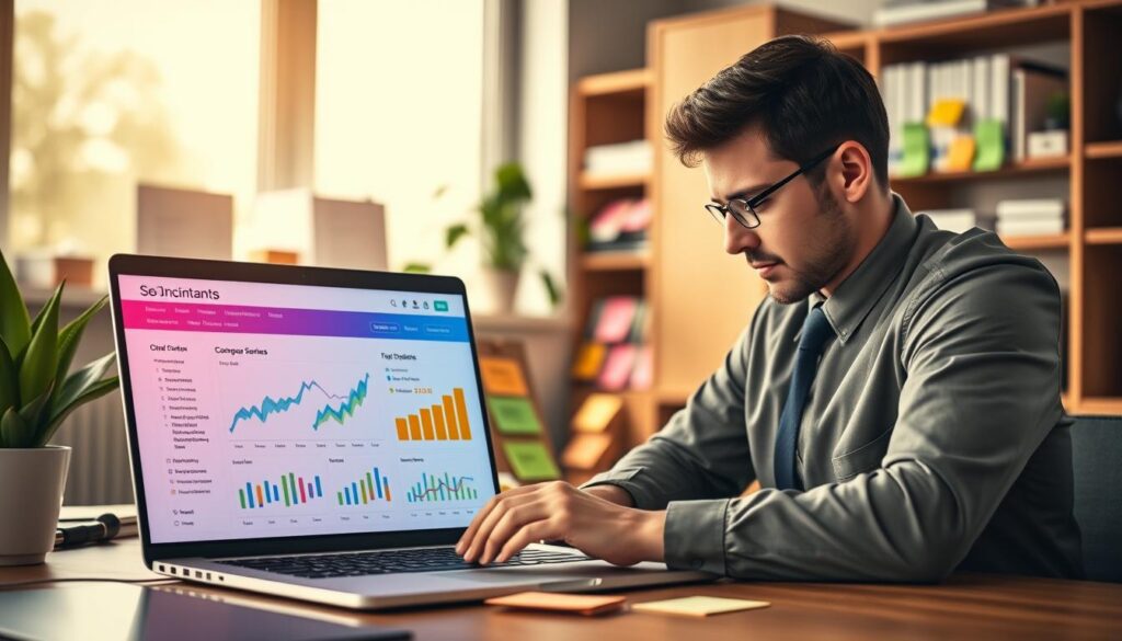 A modern accountant's workspace with a sleek laptop open to a vibrant SEO dashboard displaying graphs and analytics. In the foreground, a focused accountant in professional attire, deeply engaged in optimizing web content, surrounded by colorful sticky notes outlining key on-page SEO techniques. In the middle, shelves filled with accounting books and a potted plant for a touch of greenery. The background features a large window letting in soft natural light, creating a warm and productive atmosphere. The scene is captured with a shallow depth of field to emphasize the accountant and the dashboard, with a professional lens to ensure crisp details. The overall mood is motivated and innovative, highlighting the importance of website optimization in attracting client inquiries. A modern accountant's workspace with a sleek laptop open to a vibrant SEO dashboard displaying graphs and analytics. In the foreground, a focused accountant in professional attire, deeply engaged in optimizing web content, surrounded by colorful sticky notes outlining key on-page SEO techniques. In the middle, shelves filled with accounting books and a potted plant for a touch of greenery. The background features a large window letting in soft natural light, creating a warm and productive atmosphere. The scene is captured with a shallow depth of field to emphasize the accountant and the dashboard, with a professional lens to ensure crisp details. The overall mood is motivated and innovative, highlighting the importance of website optimization in attracting client inquiries.