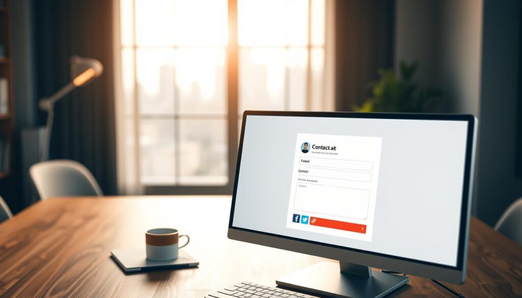 A modern and professional contact page layout for a small business, displayed on a sleek desktop screen. The foreground shows a computer screen with a clear, user-friendly contact page design featuring a contact form, business logo, and social media icons. The middle ground includes a stylish office desk with a notepad, pen, and a coffee cup, implying a creative workspace. In the background, soft lighting casts a warm glow through a window with a subtle view of a cityscape. The lens captures the scene at an angle that emphasizes depth, creating an inviting and organized atmosphere. The overall mood is professional and approachable, reflecting growth and connectivity for small businesses. A modern and professional contact page layout for a small business, displayed on a sleek desktop screen. The foreground shows a computer screen with a clear, user-friendly contact page design featuring a contact form, business logo, and social media icons. The middle ground includes a stylish office desk with a notepad, pen, and a coffee cup, implying a creative workspace. In the background, soft lighting casts a warm glow through a window with a subtle view of a cityscape. The lens captures the scene at an angle that emphasizes depth, creating an inviting and organized atmosphere. The overall mood is professional and approachable, reflecting growth and connectivity for small businesses.